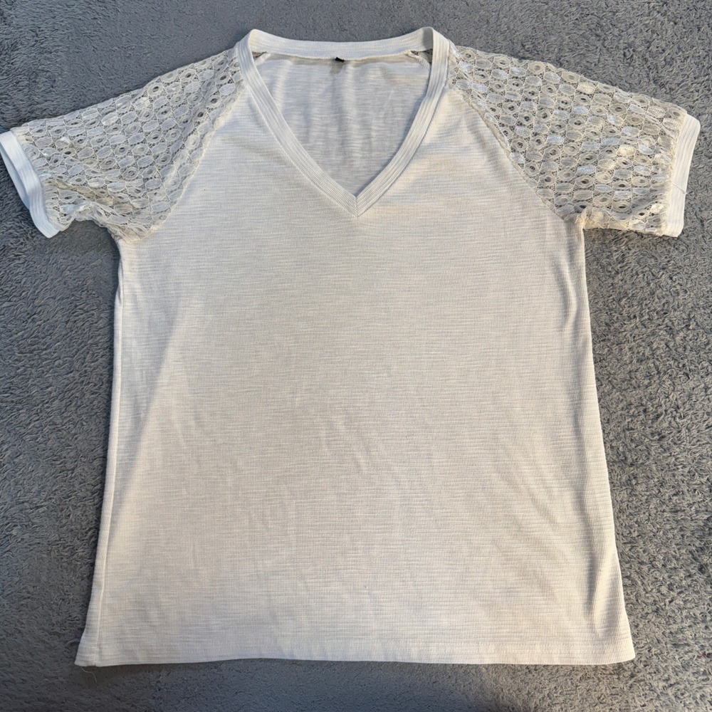 Unbranded Womens V Neck Lace Raglan Sleeve Top Size L White Slub Knit Blouse